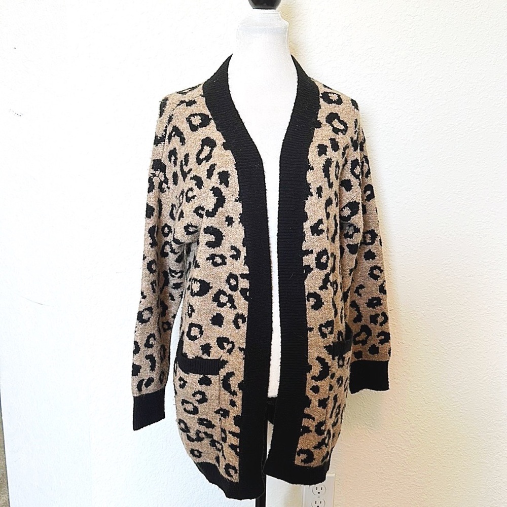 JustFab • Leopard Print Fuzzy Longline Open Front Cardigan Sweater